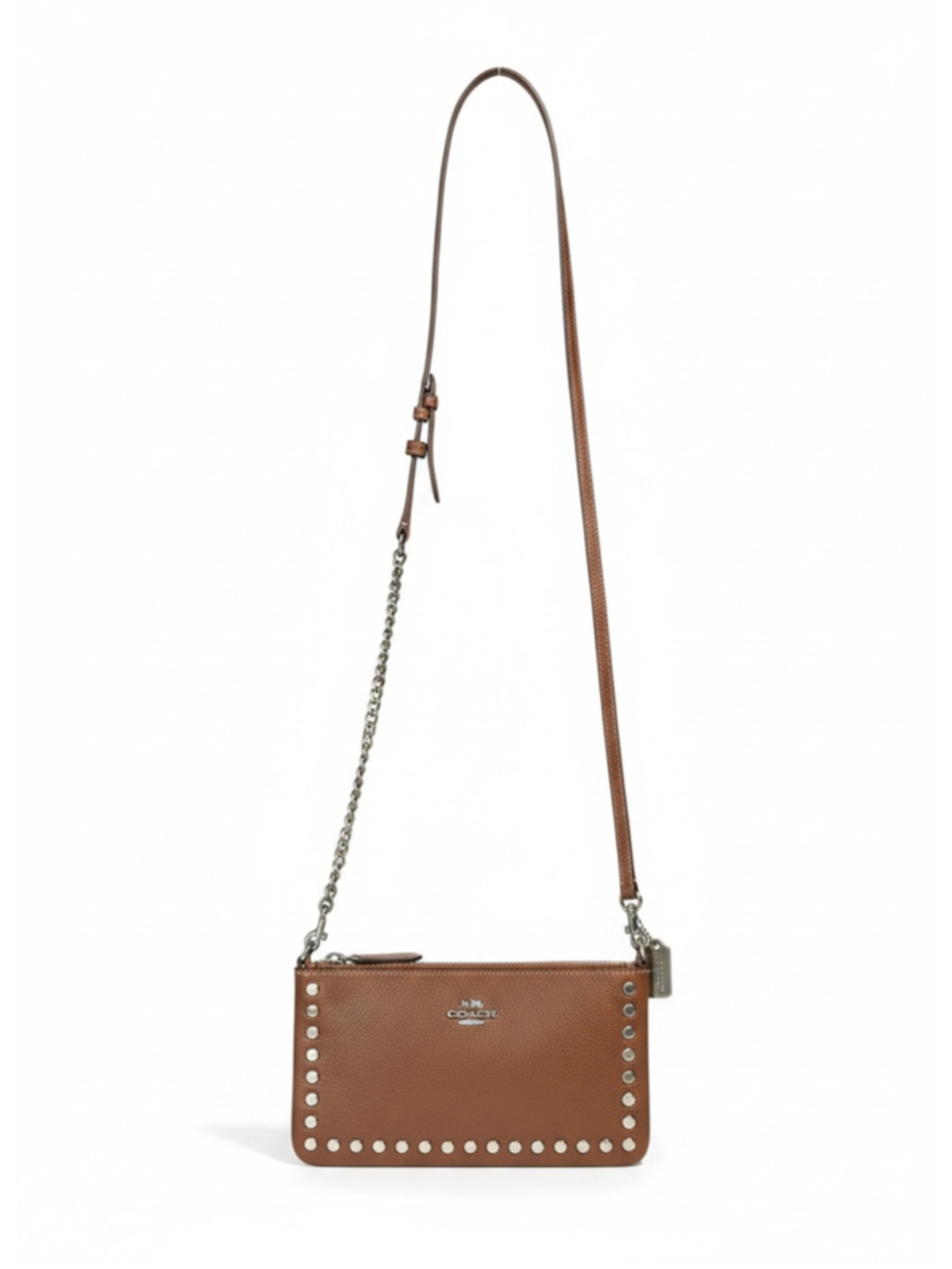 Coach Brown Leather Rose Gold Studded Crossbody Bag with Silver Chain & Tag